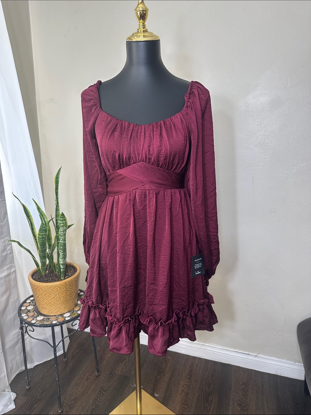 Lulu's Wine-Red Long Sleeve Ruffle Mini Dress